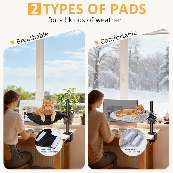 Topmart Cat Desk Bed with 360° Rotating & Adjustable Height, Cat Hammock for Desk with 2 Washable Pads, Easy to Install, Kittens Bed for Desk Attachment for Home Office,Up to 45LBS, Grey & Black