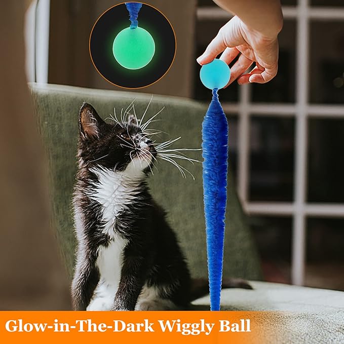 SHENGSEN Mixed Bouncy Ball with Tail Cat Toys-5 Packs,Rainbow Magic Worm with Ball Toy for Cats,Colorful Fuzzy Worm Bouncy Balls Cat Toy