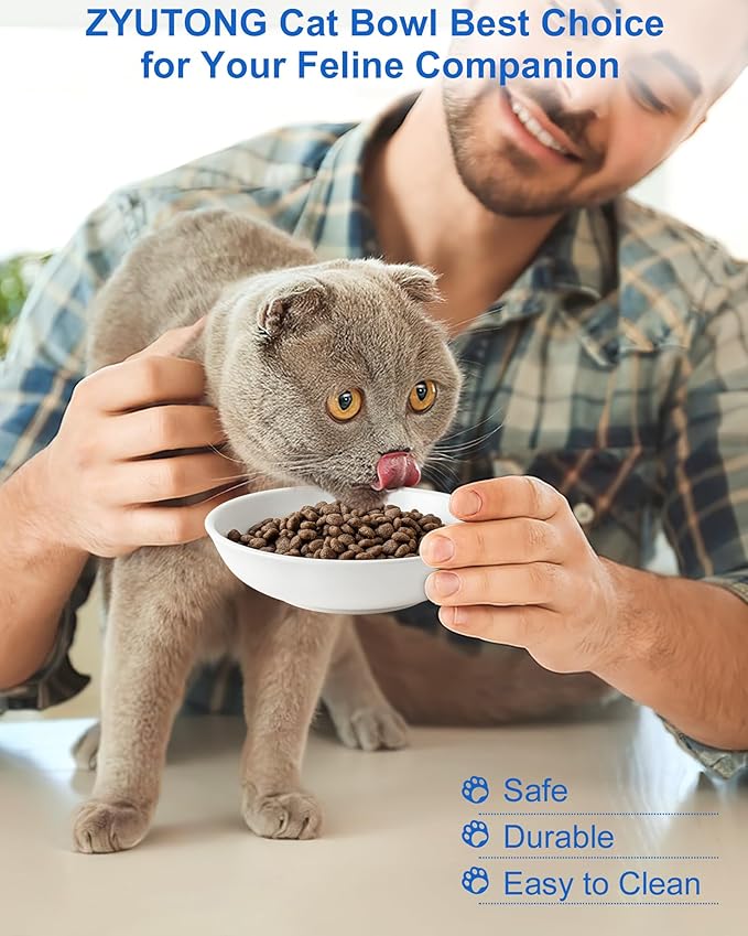 6PCS Whisker Fatigue Ceramic Cat Dishes - 5.5" Shallow Cat Food Bowl, Cute Kitten Plates for Wet Food, Whisker-Friendly, Non-Slip, Wide, White, Heart & Claw Pattern