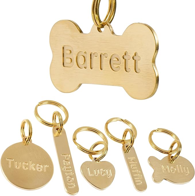 Solid Brass Personalized Dog Tags, Deep Engraved Pet ID Tag for Dogs and Cats, Heavy Duty Extra Thick Custom Name & Phone Number, Never Wear Off, Gift for Pets, 2 Polishing Pads Included (Bone)