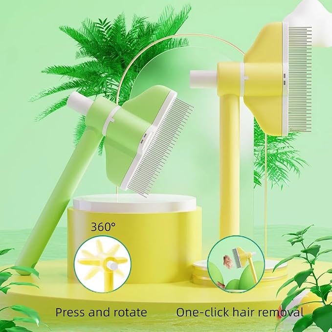 Cat Grooming Brush with 360° Rotating Head - Flea Comb & Hair Removal Brush for Indoor Cats, Anti-Static Stainless Steel Teeth & Ergonomic Grip Deshedding Care (Yellow)