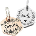 Personalized Pet ID Tags, Customizable Hexagon, Bone and Round Shapes, Multiple Designs with Mountain, Floral, and Night Sky Patterns, Stainless Steel Dog and Cat Tags (Hexagon)