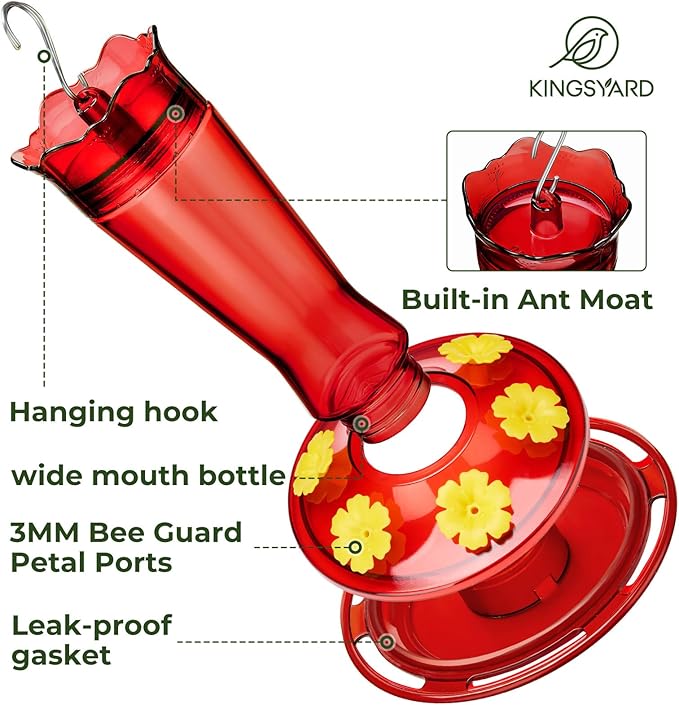 Kingsyard 2-Pack Glass Hummingbird Feeder for Outdoors Hanging, 14 oz Leak-Proof Humming Bird Feeders with Ant Moat & Bee Proof Feeding Ports, Hummingbird Gift for Bird Lovers (Red)