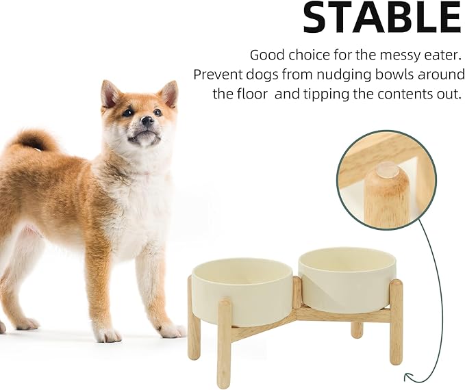 Ceramic 6.1inch Raised Dog Bowl with Stand for Small and Medium Breed Dog Dish Pet Food and Water Bowl (Double Bowl with Stand - Light Yellow, 28oz)