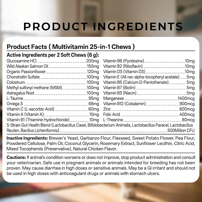 25-in-1 Dog Multivitamin Chewable with Probiotics,Dog Vitamins and Supplements Hip & Joints,Pets Immune Support,Skin,Coat,Heart,Gut Health Omega 3,Glucosamine for All Breeds Puppy,Adult & Senior Dogs