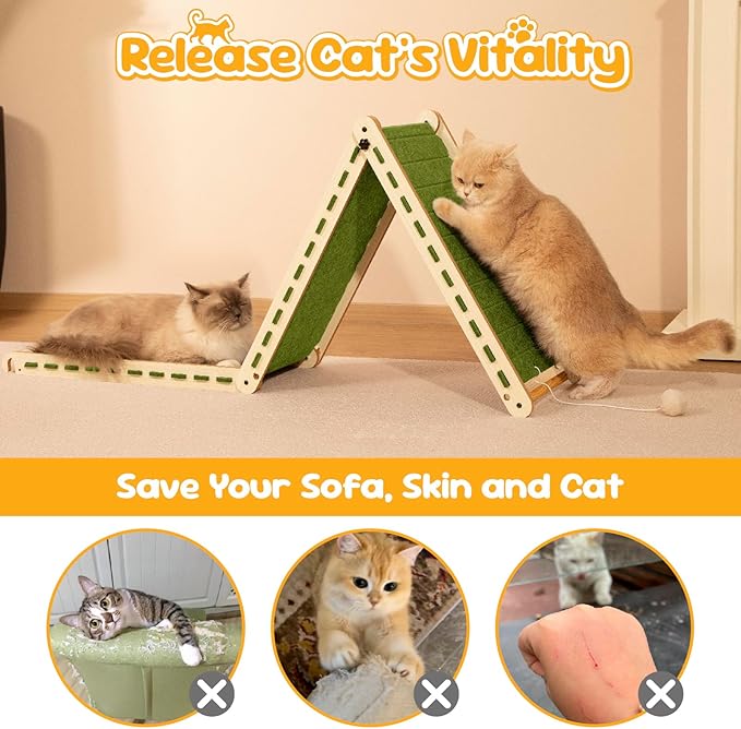 Cat Scratcher with Ball Toy Foldable Cat Scratch Pad Felt Triangle Scratchers for Indoor Cats Large Cat Scratching Board Mat Cats Scratch Furniture Protector Kitten Toys Green