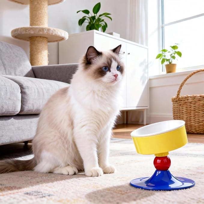 Cat Food and Water Bowls,Raised Cat Bowl,Three Adjustable Height Options, 20° Tiltable, 360° Rotatable, Raised Pet Bowl.Suitable for Small Dogs, Kittens, and Adult Cats.1 Piece, Color: Colorful