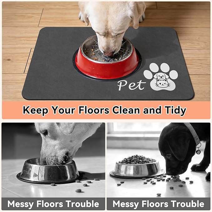 Dog Cat Feeding Mat-Absorbent Pet Bowl Mat for Food and Water, Quick Dry Water Dispenser Mat for Floors with Waterproof Rubber Backing, Large Dogs Placemat Mats for Messy Drinkers,17"x27",Dark Grey