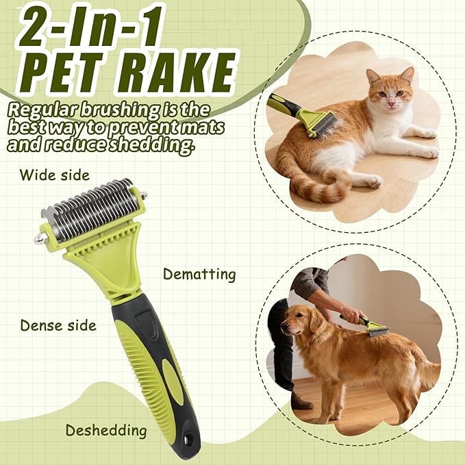 2-in-1 Dog Grooming Brush for Shedding & Dematting Comb for Dogs and Cats, Double Coat Undercoat Rake & Slicker Brush Pet Grooming Tool (Green)