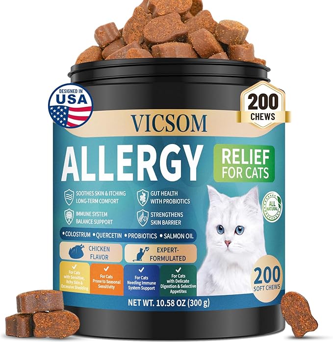 Cat Allergy Relief for Cats, 200 Cat Itchy Skin Allergy Relief Chews for Immune Support & Seasonal Allergies, Anti-Itch Relief for Cats Paws, Eyes, Ears, Stop Licking & Scratching, Chicken Flavor
