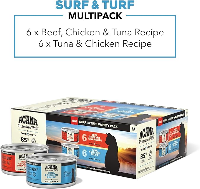 ACANA Premium Pate Wet Cat Food in Bone Broth Variety Pack: Surf and Turf – Beef Chicken & Tuna + Tuna & Chicken Recipes 3oz Cans (12 Count, 6 of Each)