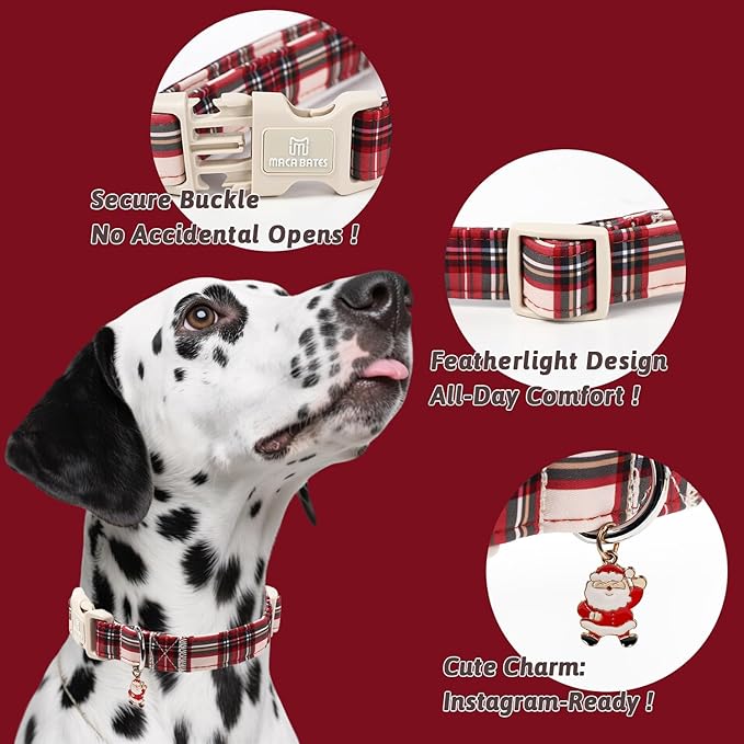 Maca Bates Christmas Red and White Plaid Basic Dog Collar for Extra Large Boy Girl Dogs with Santa Charm,Gingham Scottish Soft Adjustable Durable Checkered Collars,Winter Gift for Male Female Puppy