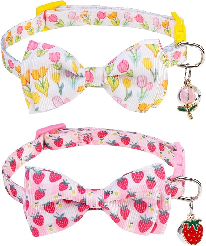 SCENEREAL Breakaway Cat Collar with Bell, 2 Pack Safety Adjustable Cat Collars with Pendant, Pink Personalised Puppy Kitten Collar with Bow for Spring Summer, Strawberry Tulip