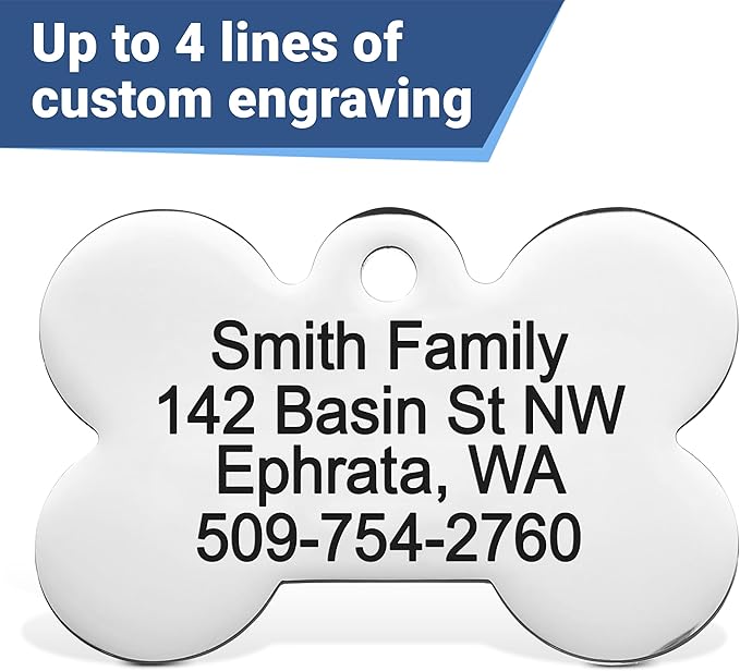 GoTags Stainless Steel Pet ID Bone Round and Heart Shaped Tags with Enamel Paw Design, Personalized Dog and Cat Tags, up to 5 Lines of Custom Text, Engraved on Both Sides (Charcoal, Regular Bone)