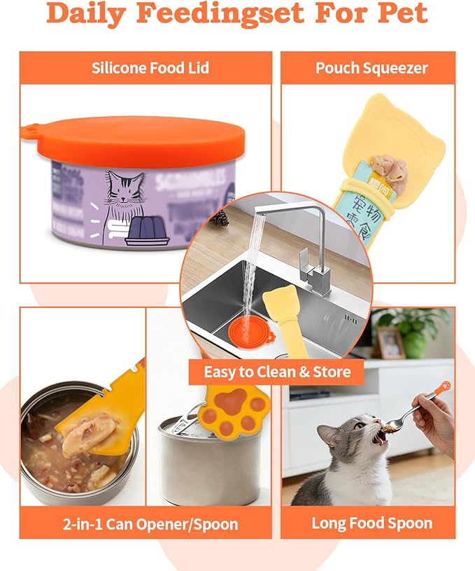 6 PCS Cat Food Can Covers Lids Set, Multi-Function Cat Food Spoon & Silicone Storage Lids with Opener, Cat Bar Squeezer, Stainless Steel Wet Food Spoon for Feeding, Storage and Cats & Dogs (Orange)