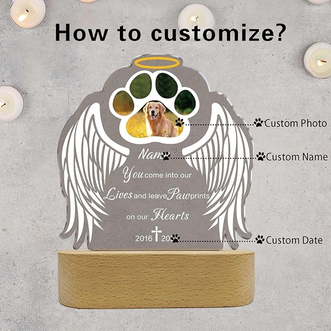 Custom Pet Memorial Night Light Gift Personalized Dog Cat Acrylic Plaque Photo Frame Sympathy Gift Condolence Gifts with Picture Name Date(Dog Paw Wing), 5.9x5.9in/7.8x7.8in