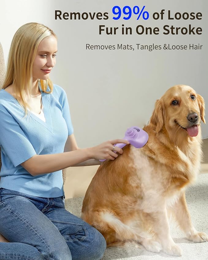 Dog Steam Brush 3 in 1 Cat Brushes with Steam, Release Button Grooming Brush for Pets Cats Dogs, Hair Removal Shedding for Small Animals Long Short Haired - Purple