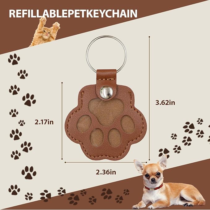 2Pcs Pet Keychain Refillable Paw Shaped Leather Fur Keepsake Pet Paw Print Dog&Cat Hair Storage Collector Memorials & Funerary Passing Away Loss Sympathy Gifts(Dark Brown&White)
