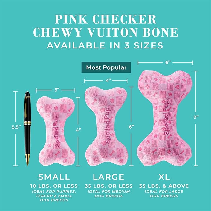 Haute Diggity Dog Pink Checker Chewy Vuiton Bone, Plush Designer Dog Toys with Interactive Squeaker, Stimulating Pet Enrichment, Machine-Washable & Safe Materials for All Breeds, Size XL