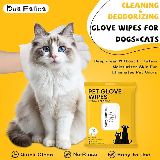 Pet Glove Wipes for Dogs Cats - Unscent Dog Washing Wipes & Waterless Cat Bathing Gloves Cleaning Deodorizing Grooming Wipe for Fur Paws Butt Face, Disposable Rinse Free Shampoo Mittens,30PCS