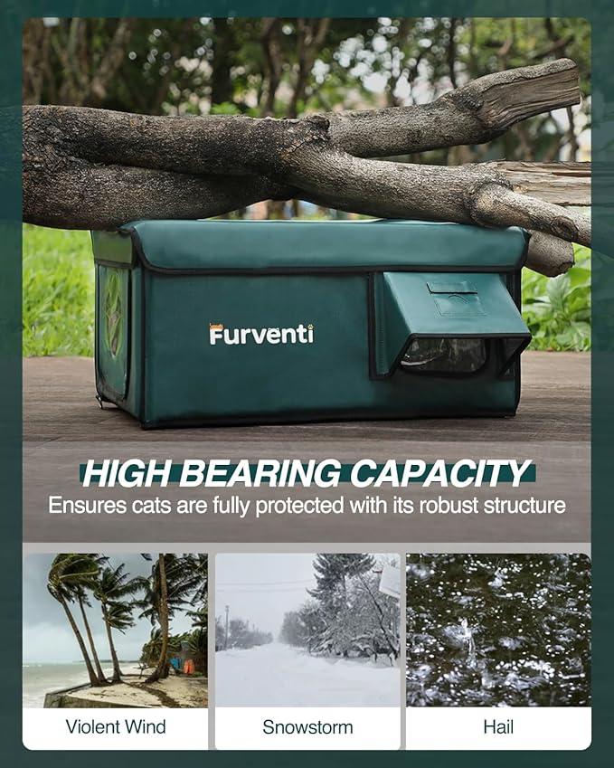 Outdoor Heated Cat House in Winter,Extremely Insulated & Weatherproof,Feral Cat Shelter with Waterproof Eaves & Escape Door for Outside Stray Barn Cat(Dark Green,23.6"x16.5"x13.4")