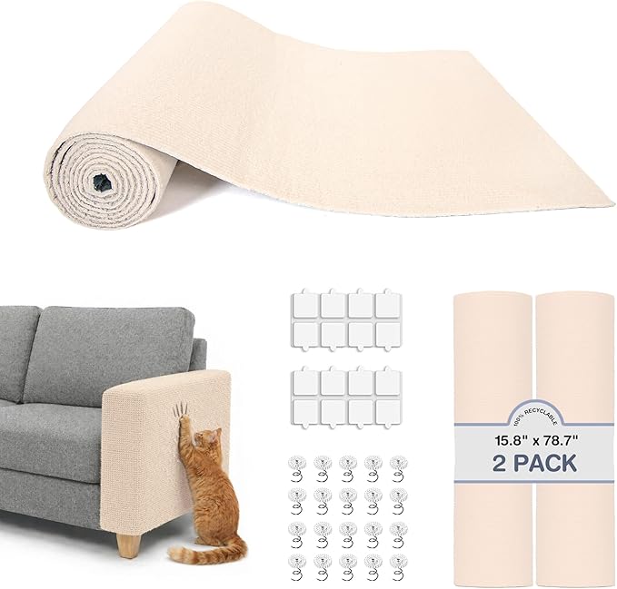 2 Pack Cat Scratcher Mat Roll for Furniture & Couch Protection | Total 157.5" x 15.8" Trimmable Self-Adhesive Carpet Cat Scratch Pad Replacement (Off White)