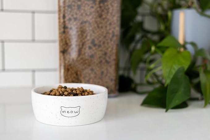 Pearhead Ceramic Meow Cat Bowl, Holds 12 oz, Whisker-Friendly Pet Dish for Food and Water, Modern Speckled White