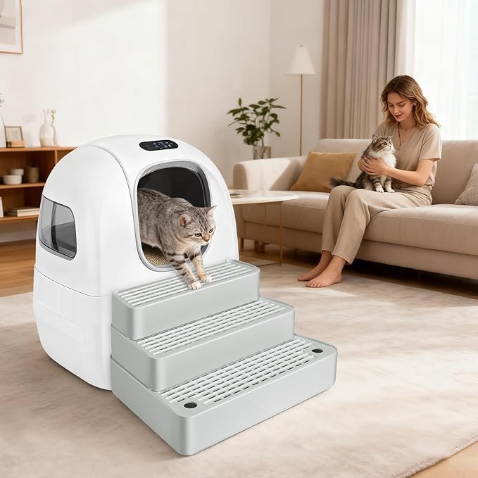 Extra Large 3 Steps Litter Box Ramp, Adjustable Cat Litter Box Step with Filter Function, Easy to Clean Cat Litter Stair Catcher for Elderly Cats and Kitten (Light Grey)