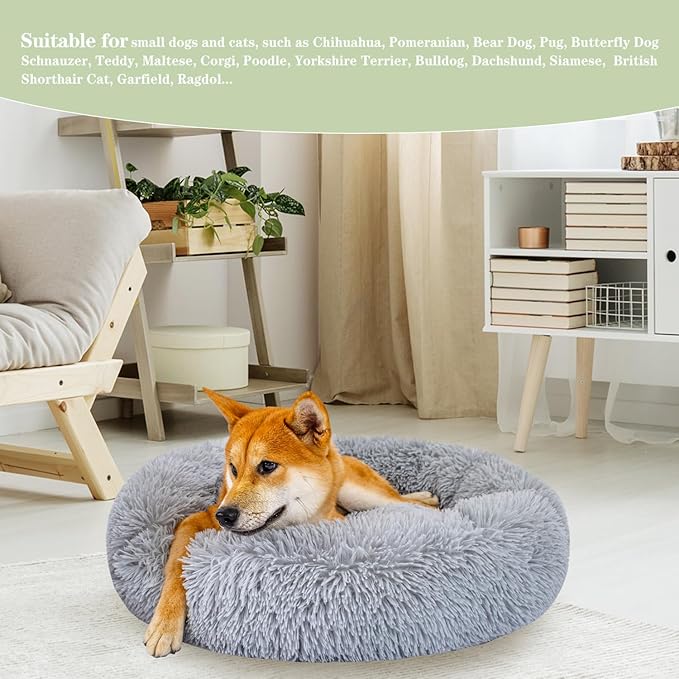 Calming Dog Bed for Medium Dogs Cats, Puppy 31'' Round Anti-Anxiety Warm Fluffy Plush Faux Fur Bed, Soft Anti-Slip Donut Washable, Cozy Medium Puppy Bed, Fits up to 50 lbs Pets