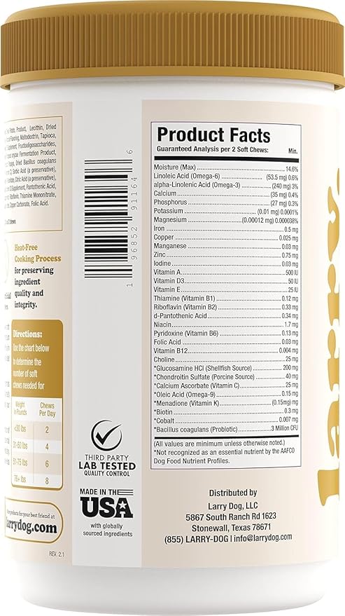 Larry 8-in-1 Multivitamin Dog | Heart, Digestion, Liver, Skin, Coat, & Joint Support for Dogs | Dog Vitamins with Vitamins, Minerals, Omegas, & Glucosamine Chondroitin | 60 Soft Chews