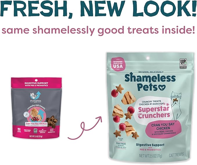 Shameless Pets Crunchy Cat, Natural Kitty Treats for Cats with Digestive Support with Real Chicken, Healthy Flavored Feline Snacks - Cran You Say Chicken (Pack of 2)