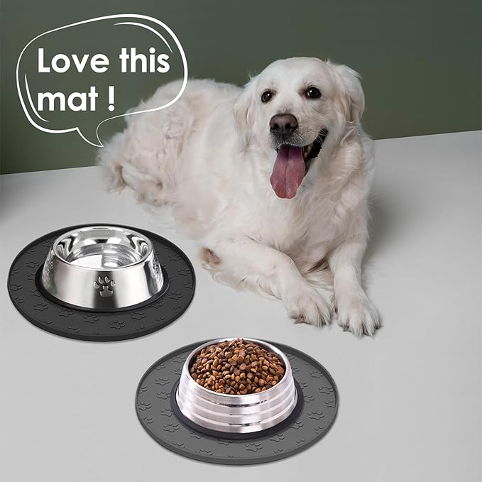 Pet Feeding Mats for Food and Water, Waterproof Anti-Slip Placemats for Dog Cat Bowl, 1 Pack Silicone Pet Food Mat, Dishwasher Safe 10.9 × 10.9 (1 Pack, Black)