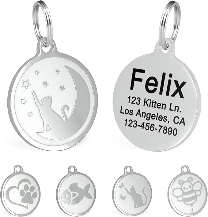 Ultra Joys Engraved Cat Name Tags Personalized - Stainless Steel Name Tag Pet Identification - Small Dog ID Tags Personalized for up to 4 Lines of Text - Pet ID Tags for Cat Collar - Stars