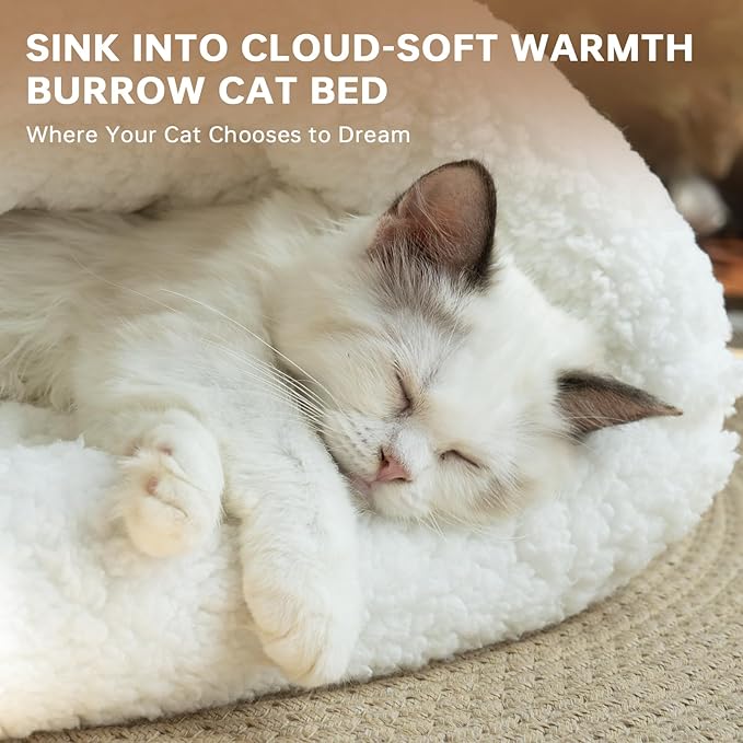 Cat Sleeping Bag 4 in 1 Cute Self Warming Cat Bed Cave with Plush Portable Snuggle Sack/Hideway for Indoor Cats & Small Pets White 21×17 Inch