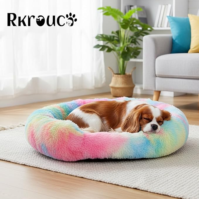 Fluffy Dog Bed Calming Donut Beds for Large Dogs Warming Round Small Medium Pet Nest Cozy Cat Mattress Indoor Washable Puppy Kennel Kittens Sleep Mat (M, 27.5×27.5 inch, Rainbow)