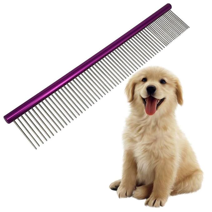 Pet Comb 10 inches Comfortable Grooming Cat Comb with Different-Spaced Rounded Stainless Steel Teeth, Easy Grip and Convenient Grooming Metal Dog Comb for Pets Dog with Medium Coarse Fur - Purple