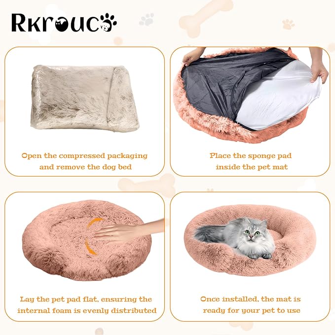 Fluffy Dog Bed Calming Donut Beds for Large Dogs Warming Round Small Medium Pet Nest Cozy Cat Mattress Indoor Washable Puppy Kennel Kittens Sleep Mat (M, 27.5×27.5 inch, Fresh Pink)