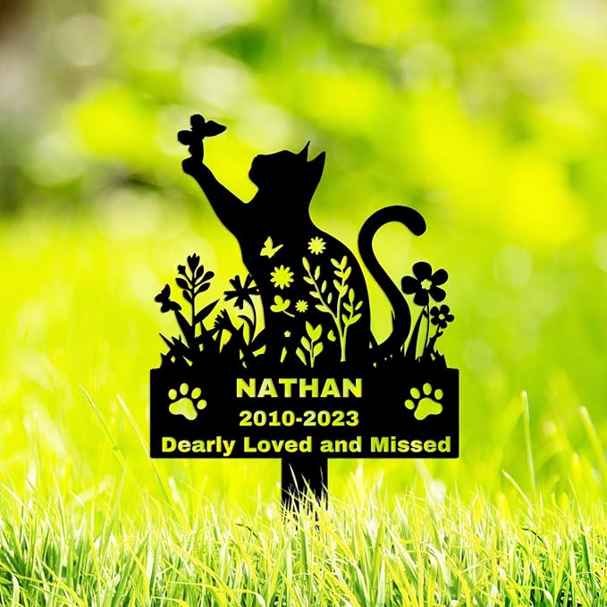 Custom Flowers Cat Memorial Grave Marker, Personalized Butterfly Cat Metal Memorial Stake Outdoor Grave Marker, Customized Pet Garden Marker Loss of Cat Sympathy Gift Memorial Plaque