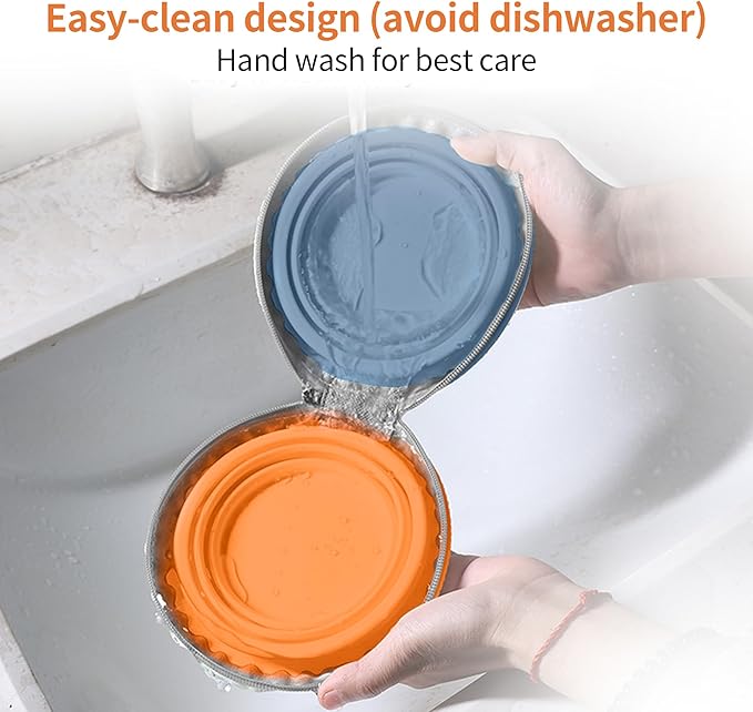 Collapsible Dog Bowls, 2-in-1 Travel Double Bowl Water Food Feeder Portable Pet Traveling Camping & Walking 25oz (Blue Orange)