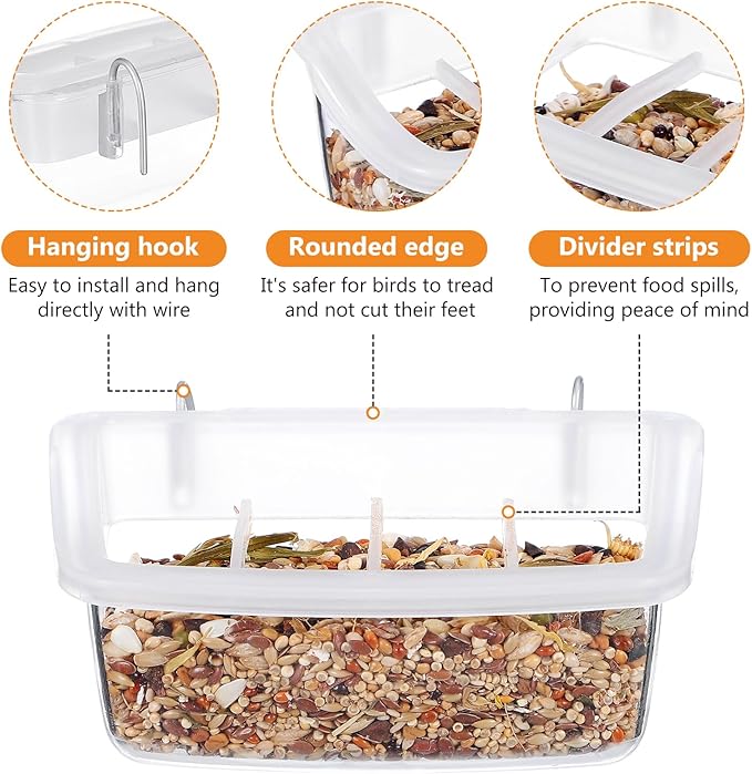 Yardwe 2pcs Hanging Bird Cage Feeders, 4-Grid Transparent Food and Water Bowls for Parrot Pigeon, Plastic Bird Feeding Containers for Home