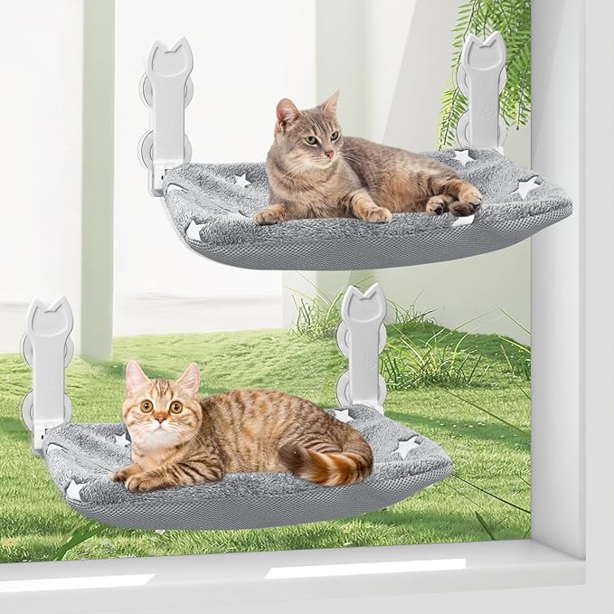 2 Pack Cat Window Perch, Glow in The Dark Foldable Cat Window Hammock with Sunken Design, Removable Soft Cover, Breathable Cordless Window Bed for Cats Inside Holds up to 40lbs (Star Grey, M)
