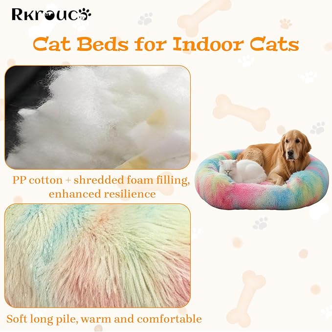 Fluffy Dog Bed Calming Donut Beds for Large Dogs Warming Round Small Medium Pet Nest Cozy Cat Mattress Indoor Washable Puppy Kennel Kittens Sleep Mat (L, 35.4×35.4 inch, Rainbow)
