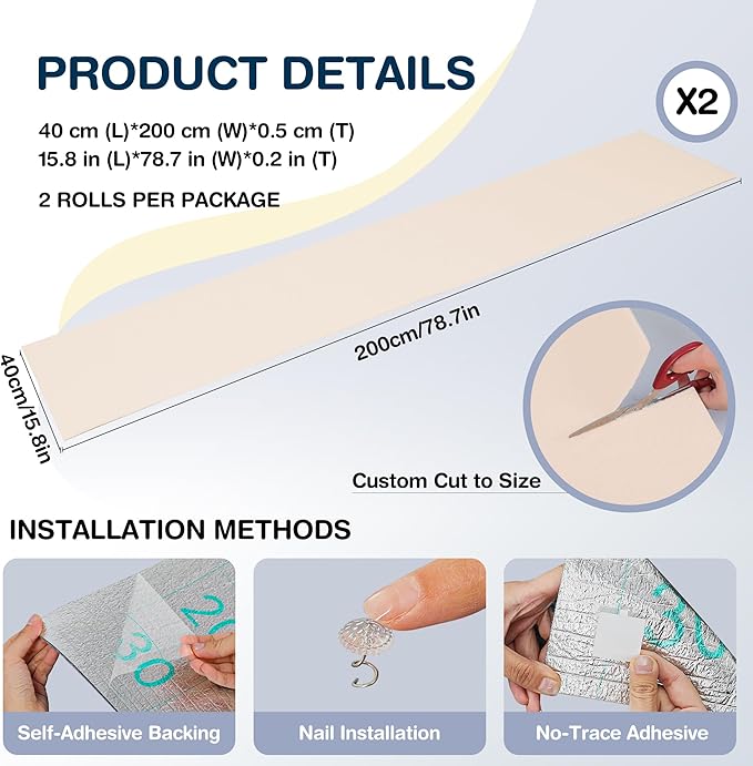 2 Pack Cat Scratcher Mat Roll for Furniture & Couch Protection | Total 157.5" x 15.8" Trimmable Self-Adhesive Carpet Cat Scratch Pad Replacement (Off White)