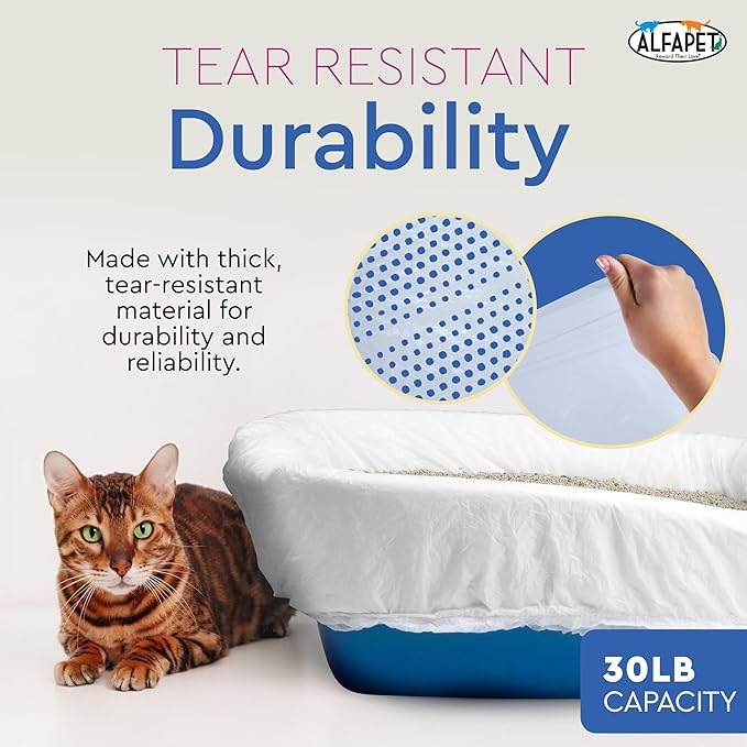 Alfapet Sifting Cat Litter Box Liners - Jumbo 30 Count, Pack of 5 - Tear-Resistant Cat Litter Bags, Waterproof Kitty Litter Liners, Fits Litterbox Pan Sizes X-Large, X-Giant, 37" x 18" 30 lb Capacity