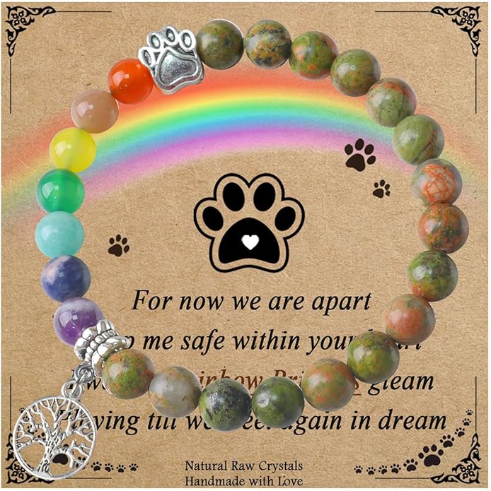 Pet Memorial Gifts, Sympathy Gift for Loss of Dogs and Cats, Chakra Rainbow Bridge Bracelet for Women Men Who Lost Pets