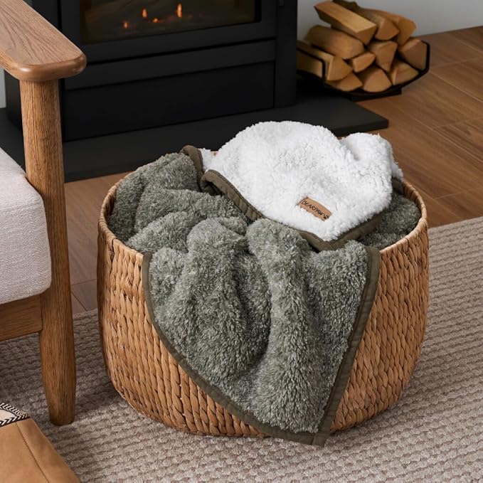 BEARPAW Sherpa Throw Blanket - Ultra Soft Plush Warm Reversible Fluffy Blanket for Bed Couch Sofa & Living Room Decor, House Decor, Room Decor Gifts for Women - 50"x70", Gray (Valley) (Green)