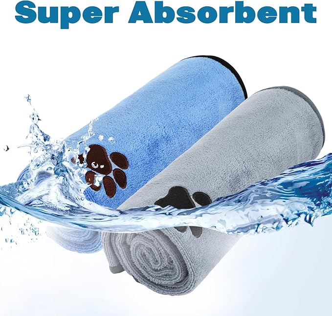 Fasmov 4 Pack Microfiber Dog Towels, 40"x 20" Large Pet Bath Towel, Microfiber Absorbent Towel Pet Bathing Supplies Quick Drying Paw Towel for Large, Medium or Small Dogs Cats Shower (Grey, Blue)