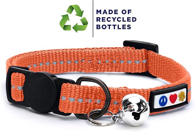 Pawtitas Recycled Coral Reflective Cat Collar – Eco-Friendly Breakaway Safety Buckle, Adjustable Kitten & Adult Collar with Removable Bell and High-Visibility Strap