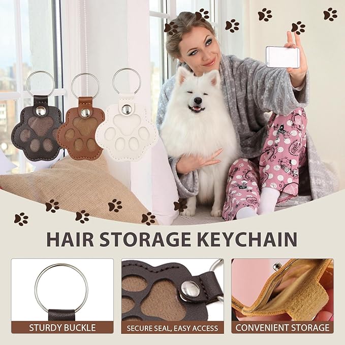 Pet Keychain Refillable Paw Shaped Leather Fur Keepsake Pet Paw Print Dog&Cat Hair Storage Collector Memorials & Funerary Passing Away Loss Sympathy Gifts (Pink)
