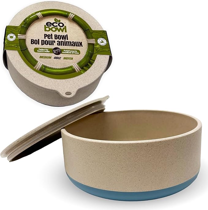 Palz&Co EcoBowl with Lid for Dogs & Cats, 48 oz Blue - Natural Bamboo Pet Bowl with Non-Slip Base, Pet Food and Water Dish, Dishwasher Safe